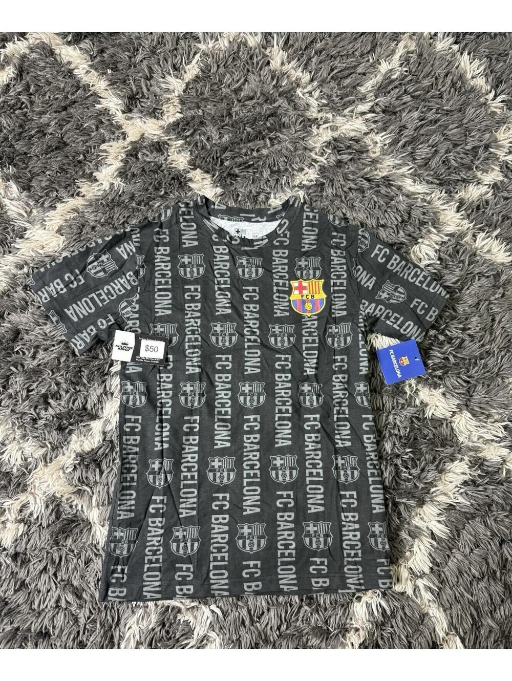 FC Barcelona T Shirt Adult Small Black AOP Short Sleeve Football Brand New